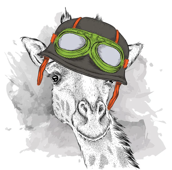 Das Plakat mit dem Porträt der Giraffe mit Motorradhelm. Vektorillustration. — Stockvektor