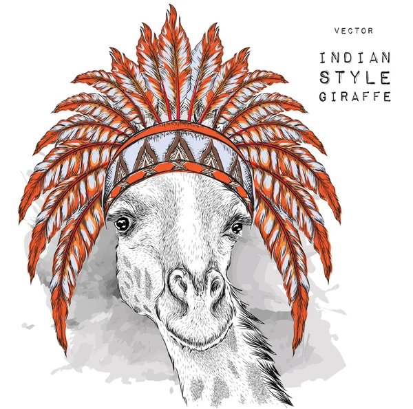 Żyrafa w kolorowych Indian Płoć. Pióro nakrycie głowy orła. Ilustracja wektor rysować ręcznie — Wektor stockowy