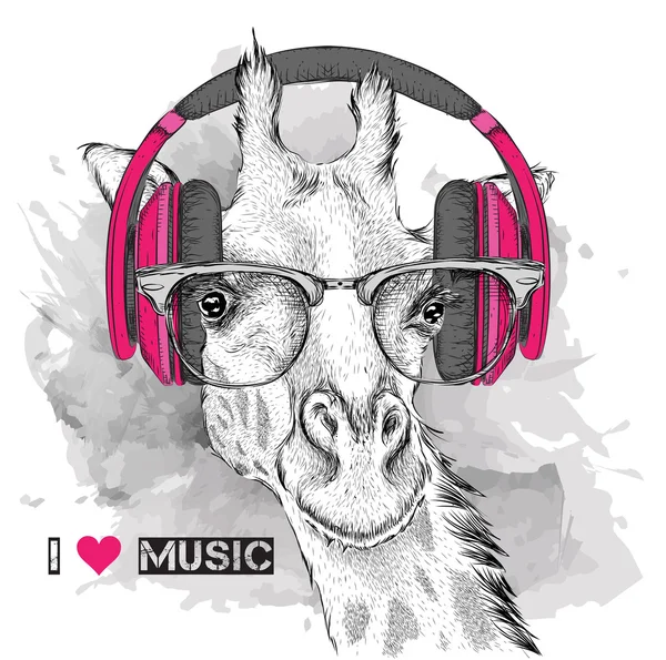 L'image de la girafe dans les lunettes et les écouteurs. Illustration vectorielle . — Image vectorielle