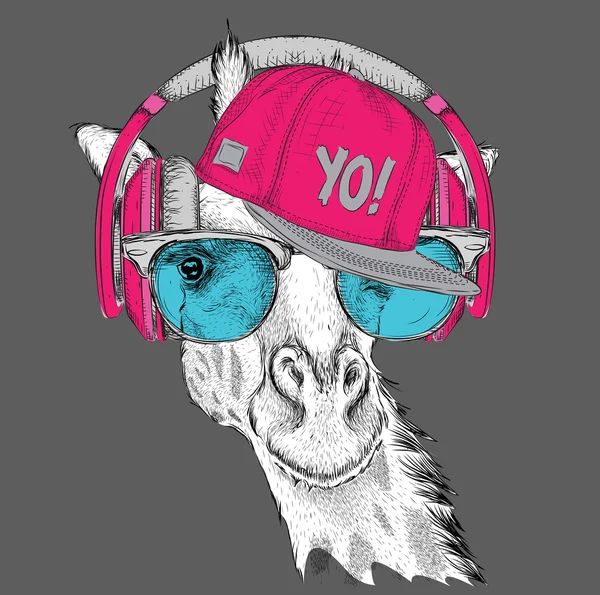 L'image de la girafe dans les lunettes, écouteurs et chapeau hip-hop. Illustration vectorielle . — Image vectorielle