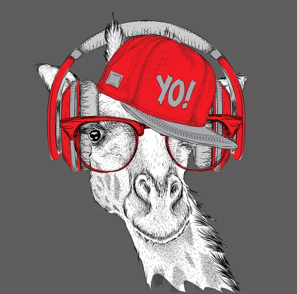 A zsiráf képe a szemüvegben, a fejhallgatóban és a hip-hop kalapban. Vektoros illusztráció. — Stock Vector