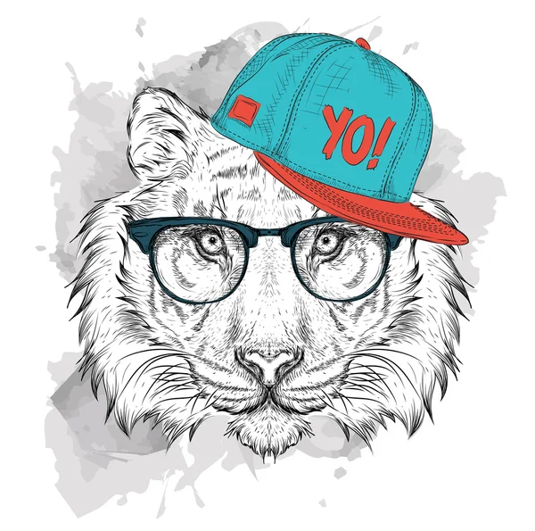 Plakát s portrétem obrázek tygra v hip-hop klobouku. Vektorové ilustrace. — Stockový vektor