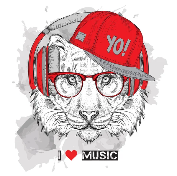 L'image du tigre dans les lunettes, écouteurs et chapeau hip-hop. Illustration vectorielle . — Image vectorielle