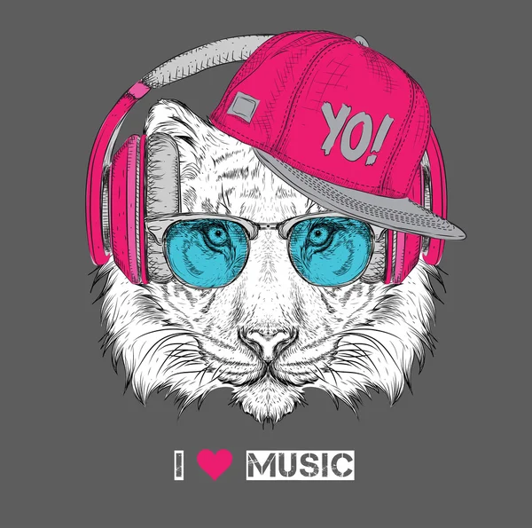 Het beeld van de tijger in de bril, hoofdtelefoon en in hip-hop hoed. Vector illustratie. — Stockvector