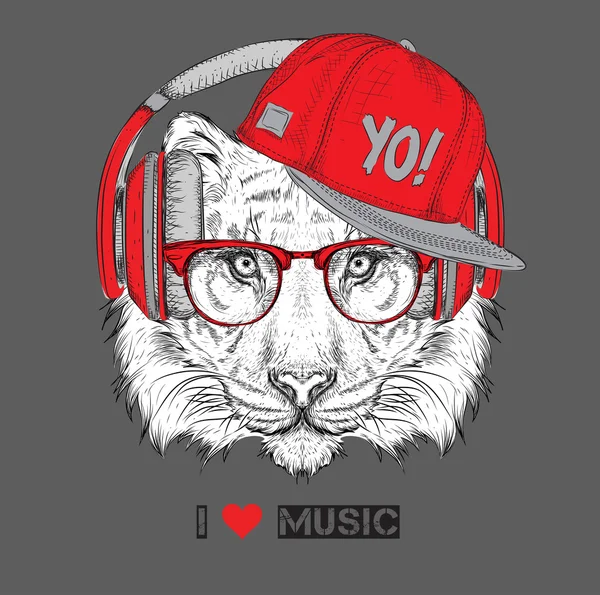 Het beeld van de tijger in de bril, hoofdtelefoon en in hip-hop hoed. Vector illustratie. — Stockvector