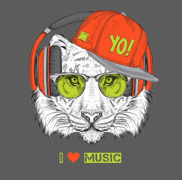 Het beeld van de tijger in de bril, hoofdtelefoon en in hip-hop hoed. Vector illustratie. — Stockvector