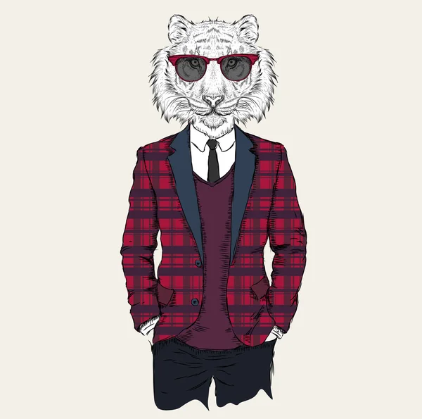 Εικονογράφηση του χίπις τίγρης ντυμένος με μπουφάν, παντελόνια και πουλόβερ. Απεικόνιση διανυσματικών φορέων — Διανυσματικό Αρχείο