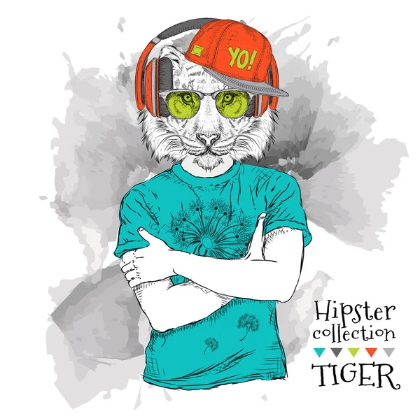 Ilustracja tygrysa Hipster ubrana w t-shirt, Spodnie i okulary i słuchawki. Ilustracja wektorowa. — Wektor stockowy