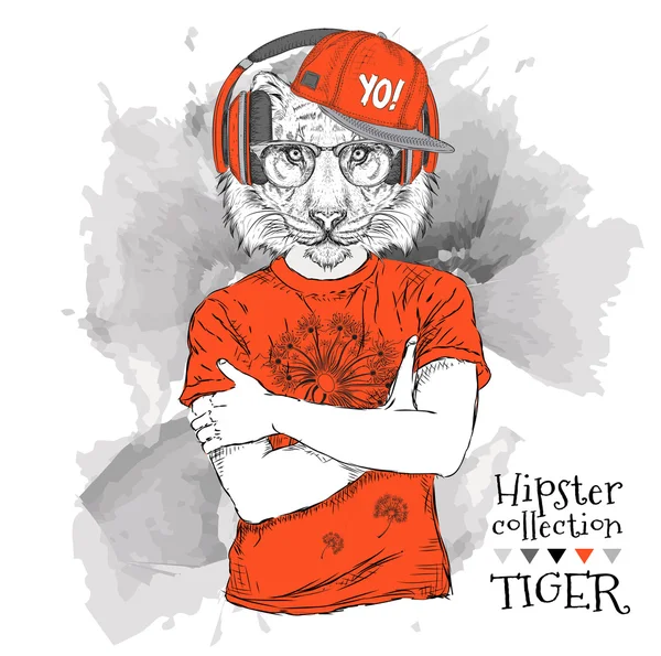 Ilustrasi harimau hipster berpakaian t-shirt, celana dan dalam kacamata dan headphone. Ilustrasi vektor . - Stok Vektor