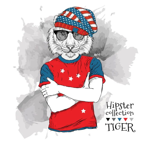 Ilustracja tygrysa Hipster ubrana w okulary i w t-shirt z nadrukiem flagi USA. Ilustracja wektorowa. — Wektor stockowy