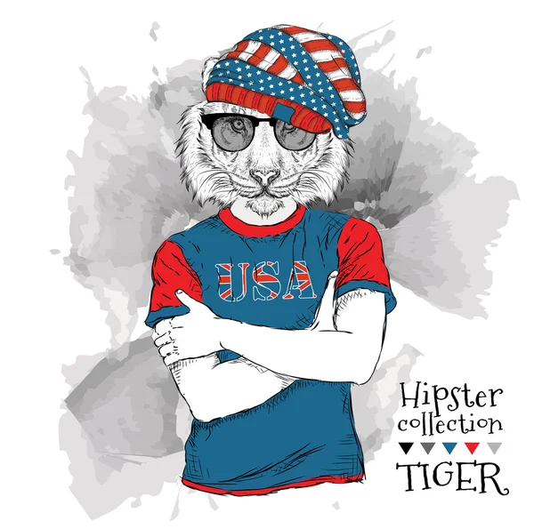 Ilustracja tygrysa Hipster ubrana w okulary i w t-shirt z nadrukiem flagi USA. Ilustracja wektorowa. — Wektor stockowy