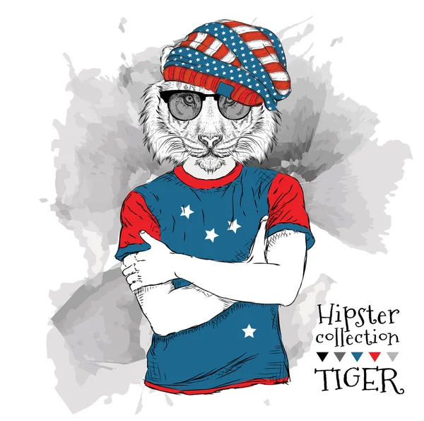 Ilustracja tygrysa Hipster ubrana w okulary i w t-shirt z nadrukiem flagi USA. Ilustracja wektorowa. — Wektor stockowy