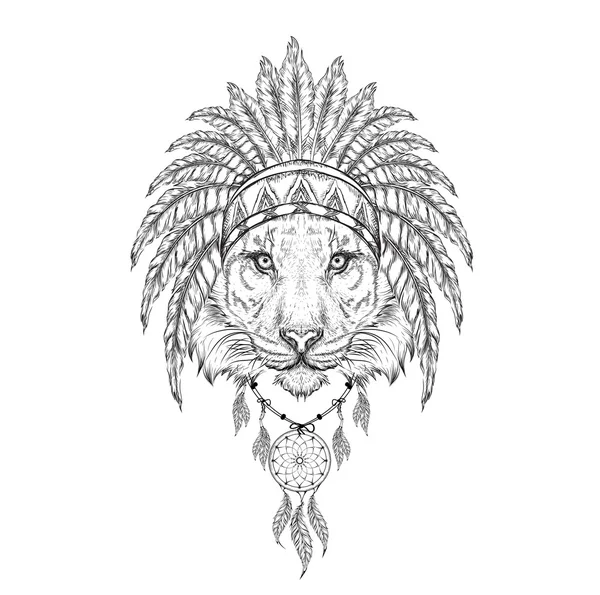 Tigre dans le cafard indien. Coiffe indienne en plume d'aigle. Illustration vectorielle de dessin à la main — Image vectorielle