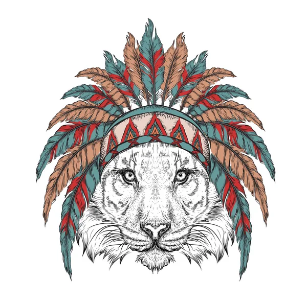 Tigre en la cucaracha india. Tocado de plumas indias de águila. Dibujar a mano vector ilustración — Archivo Imágenes Vectoriales