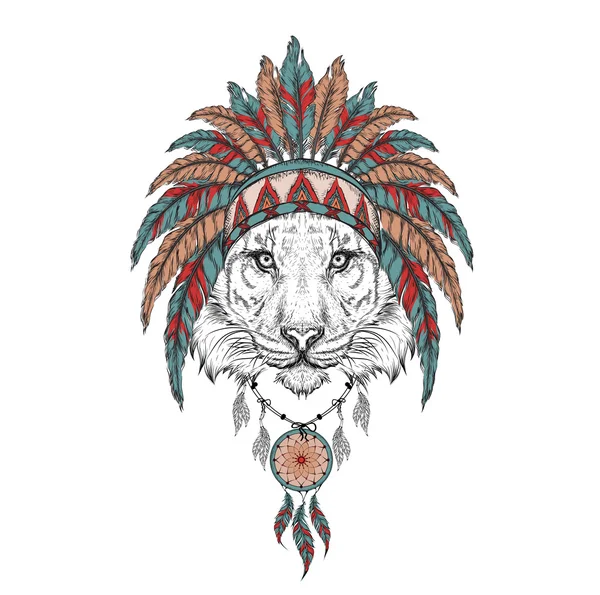 Tijger in de Indische Roach. Indische veren hoofdtooi van Eagle. Hand tekening vector illustratie — Stockvector