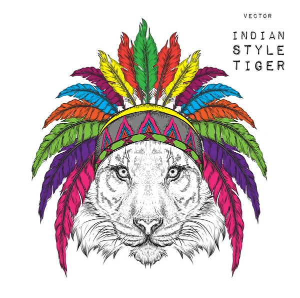 Tijger in de Indische Roach. Indische veren hoofdtooi van Eagle. Hand tekening vector illustratie — Stockvector