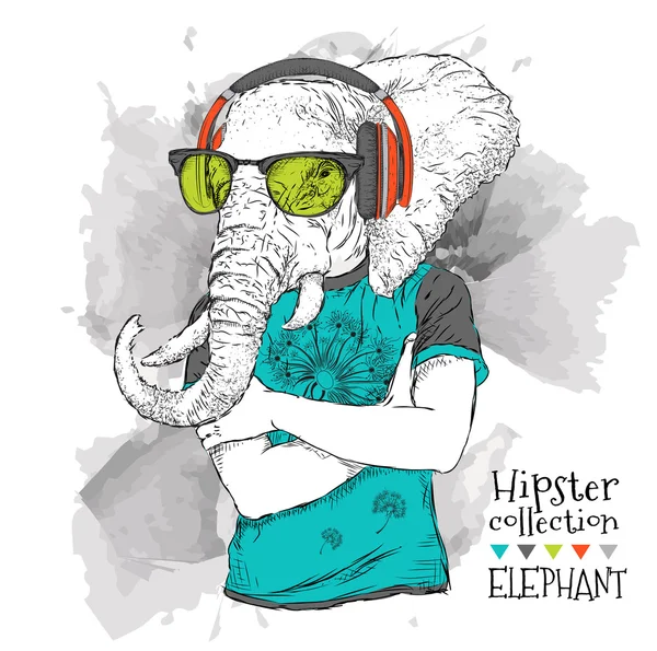 Illustrazione di elefante hipster vestito in t-shirt, pantaloni e negli occhiali e cuffie. Illustrazione vettoriale . — Vettoriale Stock