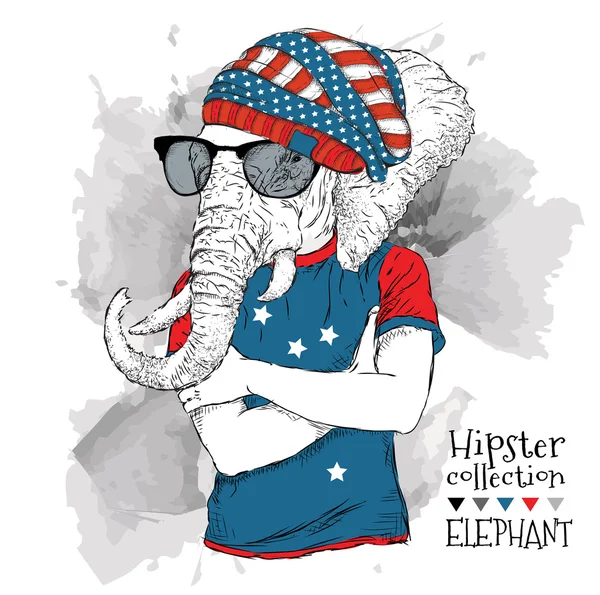 Ilustração de elefante vestido com os óculos e na camiseta com impressão da bandeira dos EUA. Ilustração vetorial . —  Vetores de Stock