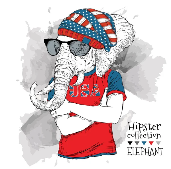 Ilustración de elefante vestido con las gafas y en la camiseta con estampado de bandera de Estados Unidos. Ilustración vectorial . — Archivo Imágenes Vectoriales