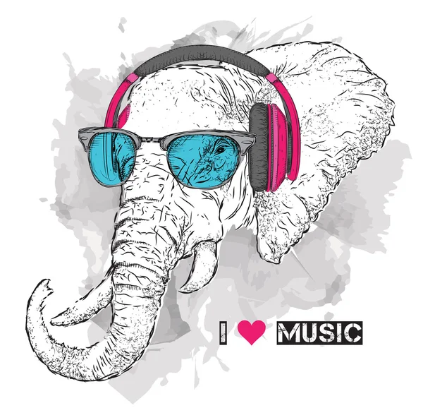 Illustration eines Elefanten-Hipsters in T-Shirt, Hose und Brille und Kopfhörer. Vektorillustration. — Stockvektor