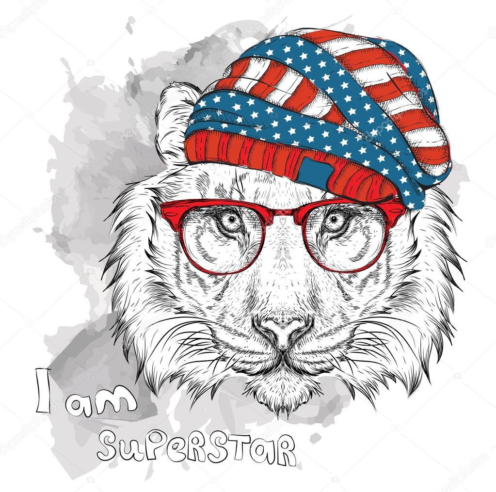 Hand draw tiger in a USA hat. Vector illustration