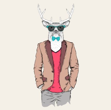 Deer hipster ceket, pantolon ve kazak giymiş. Vektör çizimi