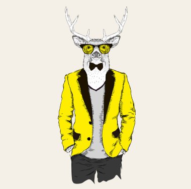 Deer hipster ceket, pantolon ve kazak giymiş. Vektör çizimi