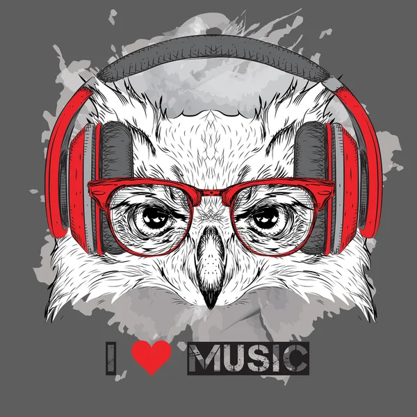 The image of the owl in the glasses and headphones. Vector illustration. — Stock Vector