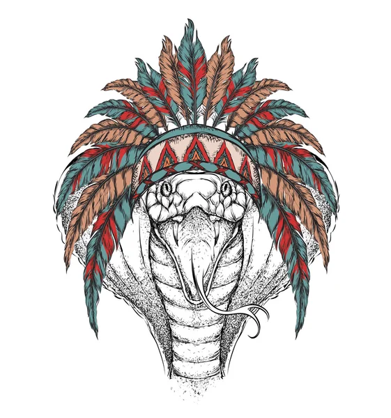インドのローチのコブラ。イーグル インディアン羽飾り。手描きのベクトル図 — ストックベクタ