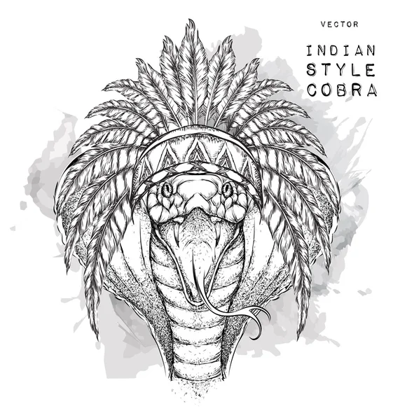 Kobra v indické plotice. Indické peří čelenku orla. Ruční kreslení vektorové ilustrace — Stockový vektor