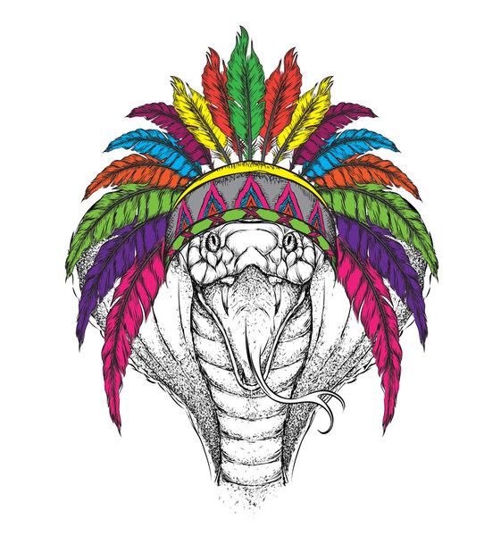 Cobra in the Indian roach. Indian feather headdress of eagle. Hand draw vector  illustration