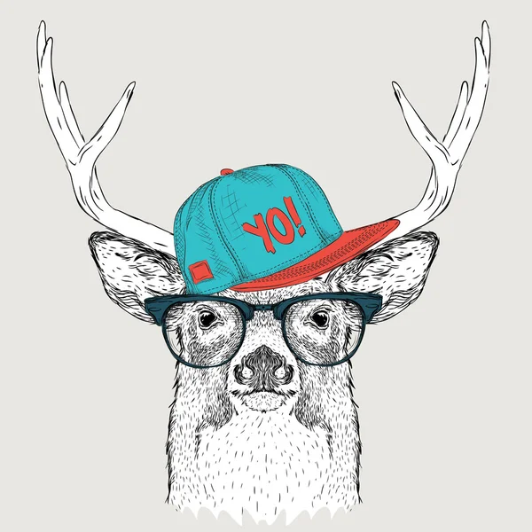 Portrait de cerf avec lunettes, écouteurs et chapeau hip-hop. Illustration vectorielle . — Image vectorielle