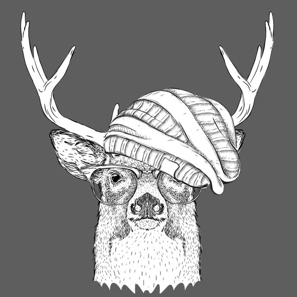 Portrait of deer in a hat. Vector illustration — Stock Vector