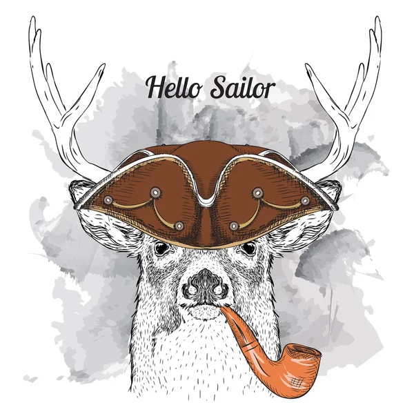 Porträt eines Hirsches mit Matrosenhut und Tabakpfeife. Vektorillustration. — Stockvektor