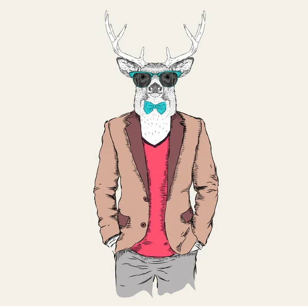 Hipster cervi vestiti con giacca, pantaloni e maglione. Illustrazione vettoriale — Vettoriale Stock