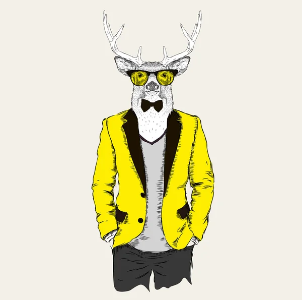 鹿のヒップスターは、ジャケット、ズボン、セーターでドレスアップ。ベクトルイラスト — ストックベクタ