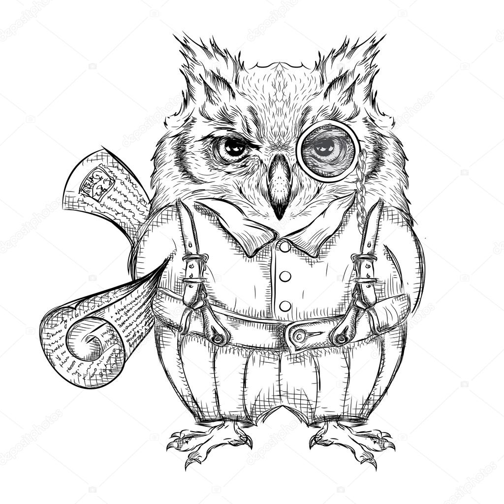 Funny owl clothing with newspaper, reading, news, e-mail. Drawing by hand. Vector illustration
