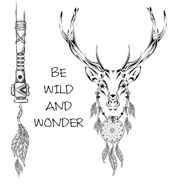 Deer indiai harcos, állati kézzel rajzolt illusztráció, indián plakát. Kézi rajzvektor illusztrációja — Stock Vector