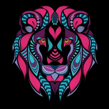 Bir aslan desenli renkli başkanı. Afrika / Hint / totem / dövme tasarım. Bir t-shirt, çanta, kartpostal ve poster tasarımı için kullanılabilir.