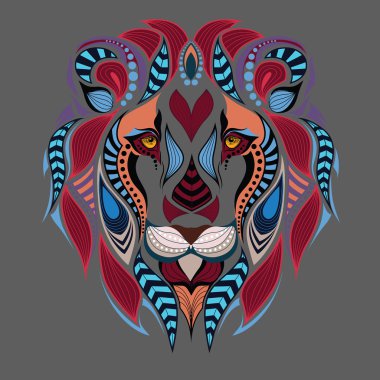 Bir aslan desenli renkli başkanı. Afrika / Hint / totem / dövme tasarım. Bir t-shirt, çanta, kartpostal ve poster tasarımı için kullanılabilir.