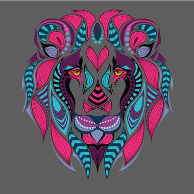 Bir aslan desenli renkli başkanı. Afrika / Hint / totem / dövme tasarım. Bir t-shirt, çanta, kartpostal ve poster tasarımı için kullanılabilir.