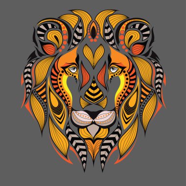 Bir aslan desenli renkli başkanı. Afrika / Hint / totem / dövme tasarım. Bir t-shirt, çanta, kartpostal ve poster tasarımı için kullanılabilir.