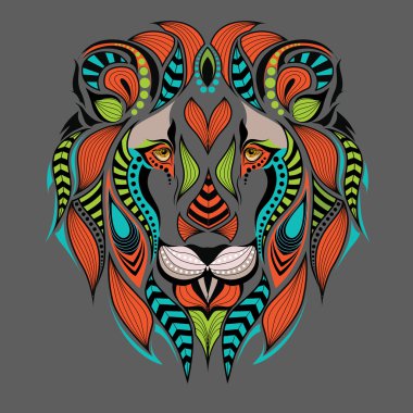 Bir aslan desenli renkli başkanı. Afrika / Hint / totem / dövme tasarım. Bir t-shirt, çanta, kartpostal ve poster tasarımı için kullanılabilir.