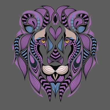 Bir aslan desenli renkli başkanı. Afrika / Hint / totem / dövme tasarım. Bir t-shirt, çanta, kartpostal ve poster tasarımı için kullanılabilir.