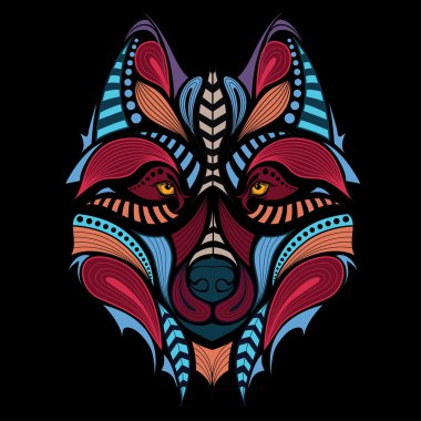 Kurt desenli renkli başkanı. Afrika / Hint / totem / dövme tasarım. Bir t-shirt, çanta, kartpostal ve poster tasarımı için kullanılabilir.