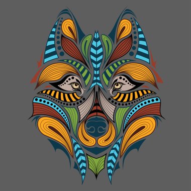 Kurt desenli renkli başkanı. Afrika / Hint / totem / dövme tasarım. Bir t-shirt, çanta, kartpostal ve poster tasarımı için kullanılabilir.