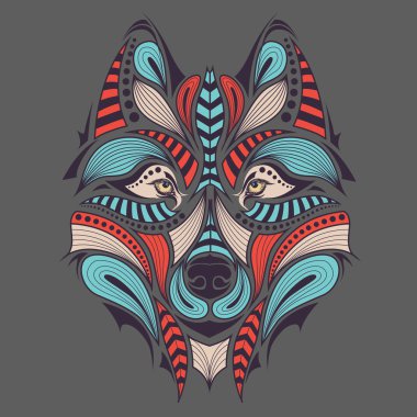 Kurt desenli renkli başkanı. Afrika / Hint / totem / dövme tasarım. Bir t-shirt, çanta, kartpostal ve poster tasarımı için kullanılabilir.