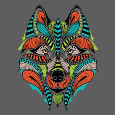 Kurt desenli renkli başkanı. Afrika / Hint / totem / dövme tasarım. Bir t-shirt, çanta, kartpostal ve poster tasarımı için kullanılabilir.