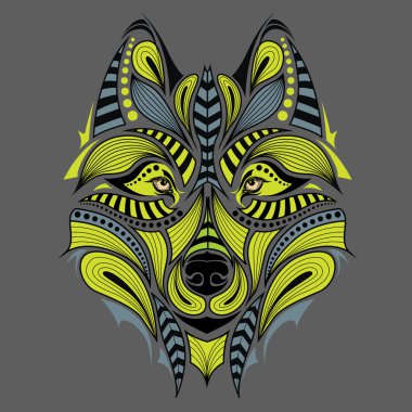 Kurt desenli renkli başkanı. Afrika / Hint / totem / dövme tasarım. Bir t-shirt, çanta, kartpostal ve poster tasarımı için kullanılabilir.