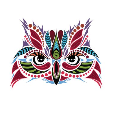 Baykuşun desenli renkli kafası. Afrika / hint / totem / dövme tasarımı. Bir t-shirt, çanta, kartpostal ve poster tasarımı için kullanılabilir.